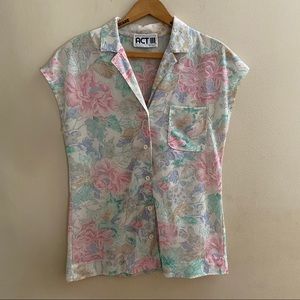 Vintage Short Sleeve Floral Button-Up Blouse